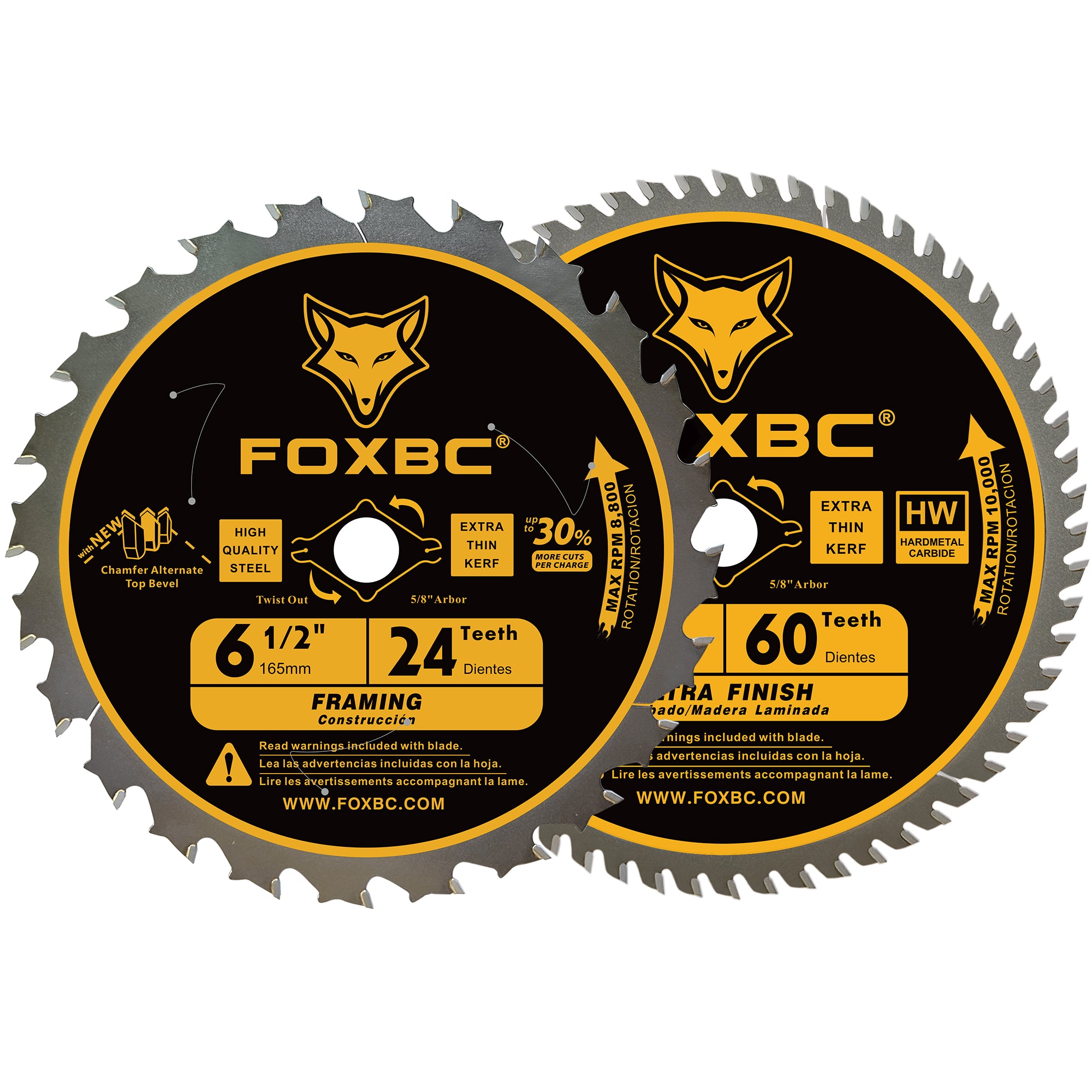 FOXBC 6-1/2 inch Circular Saw Blade 24T 60T Combo Pack, Wood Cutting, Thin-Kerf with 5/8" Arbor