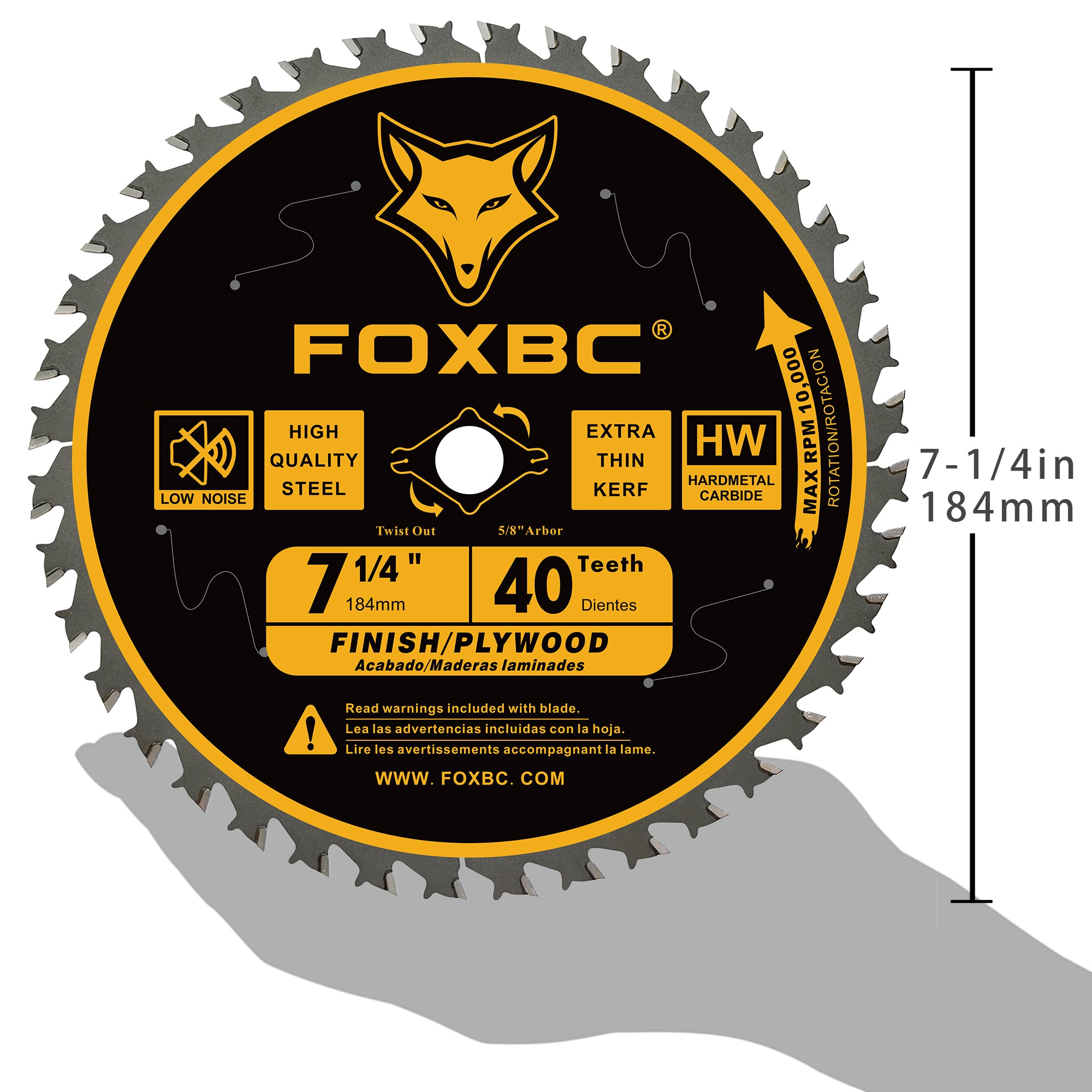 FOXBC 7-1/4" Kreissägeblatt 40 Zähne, Finishing-Sägeblatt mit 5/8" Aufnahme, Diamant-Ausbrechung