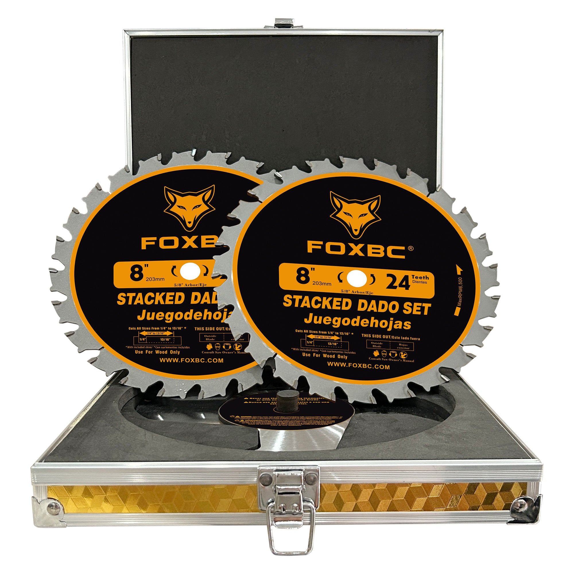 FOXBC 8-Zoll-Hartmetall-Stapel-Dado-Sägeblatt-Set für SawStop, Jet, Dewalt, Bosch Saw – 14-teilig