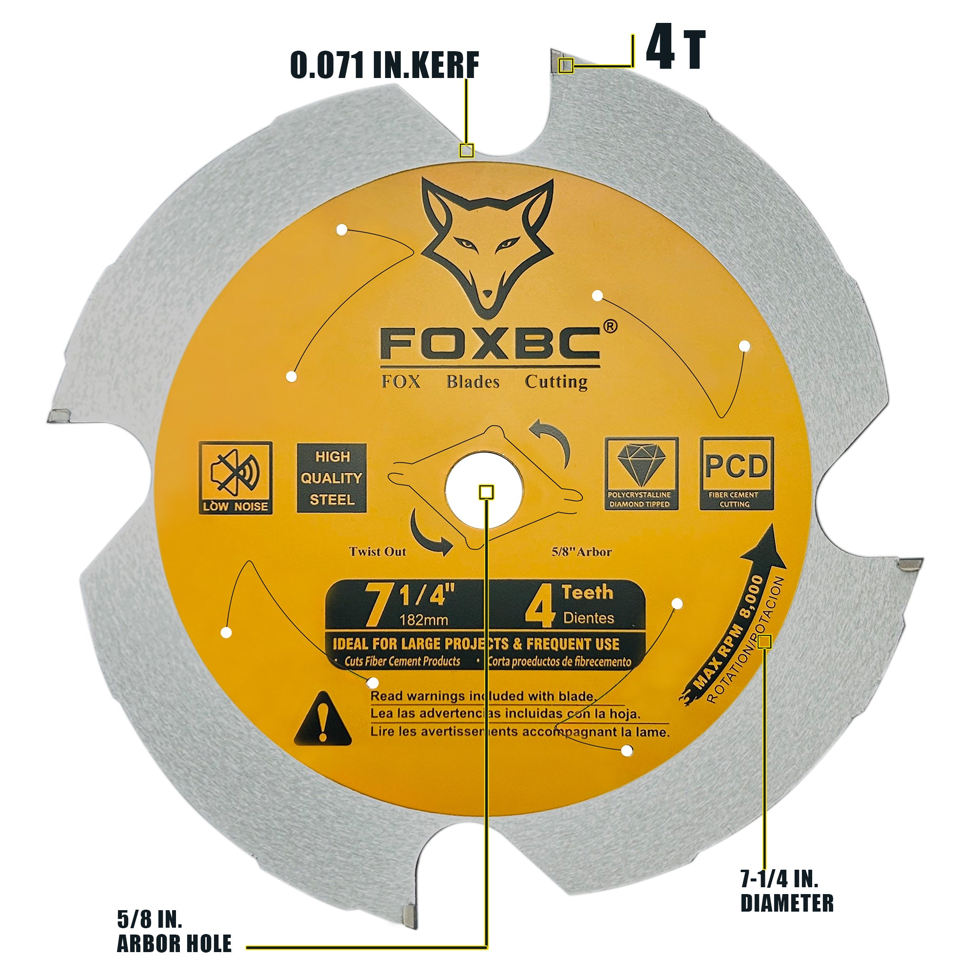 FOXBC 7-1/4 Zoll 4 Zähne polykristalliner Diamant (PCD) Hardie Fiber Cement Sägeblatt, 5/8 Dorn