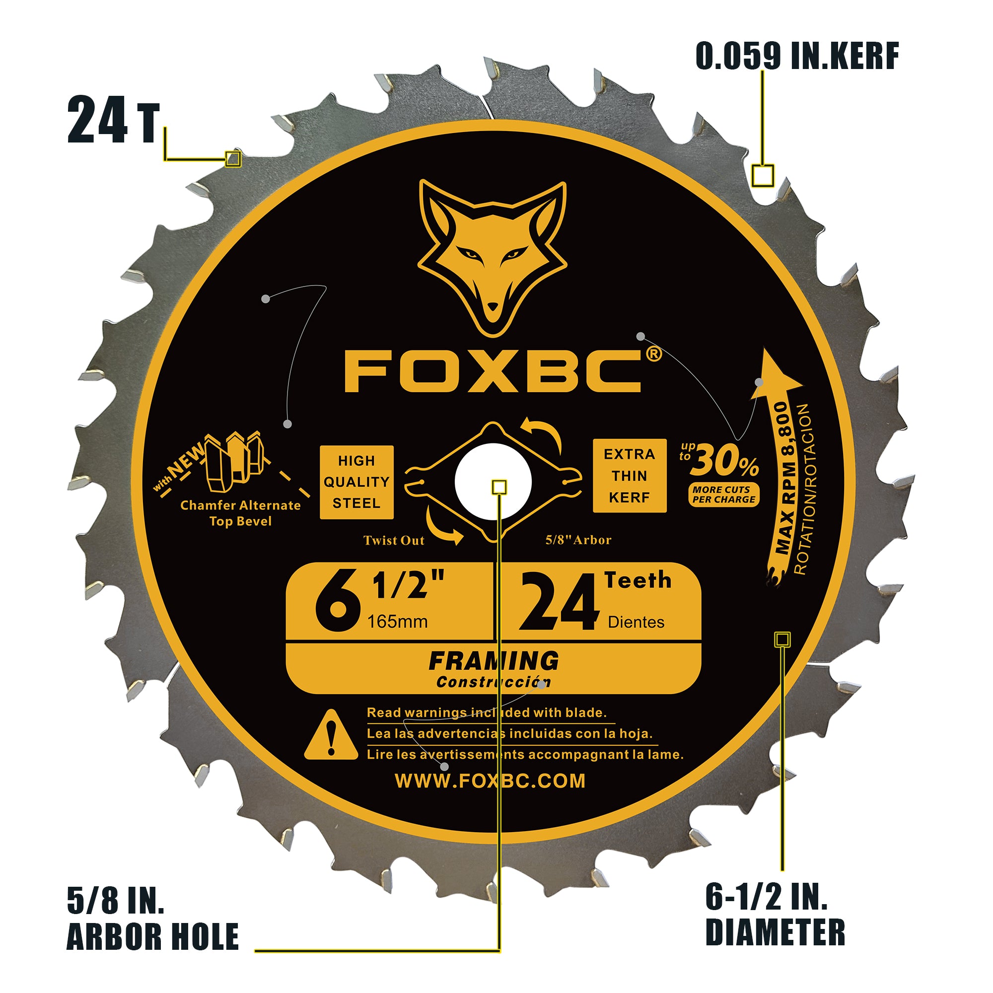 FOXBC 6-1/2 inch Circular Saw Blade 24T 60T Combo Pack, Wood Cutting, Thin-Kerf with 5/8" Arbor