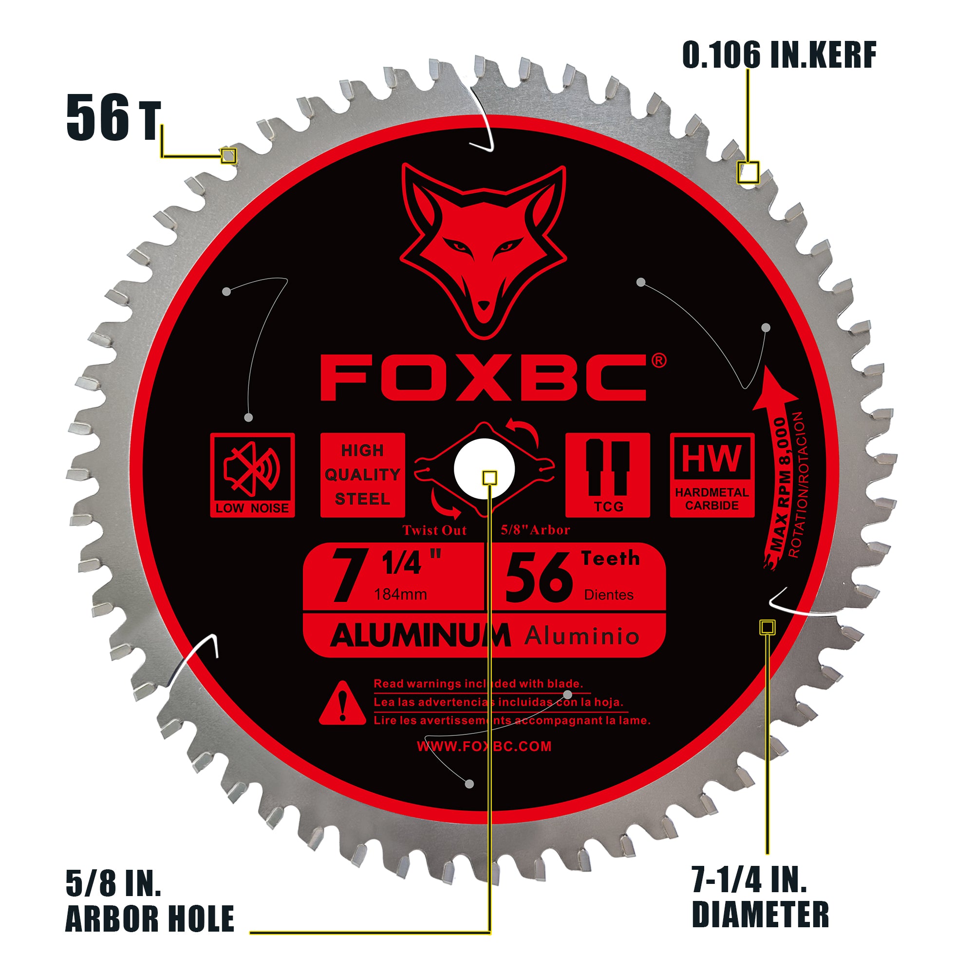 FOXBC 7-1/4 inch Circular Saw Blade 56T Metal Cutting for Aluminum, Copper, Plastic, Brass, Fiberglass with 5/8-Inch Arbor
