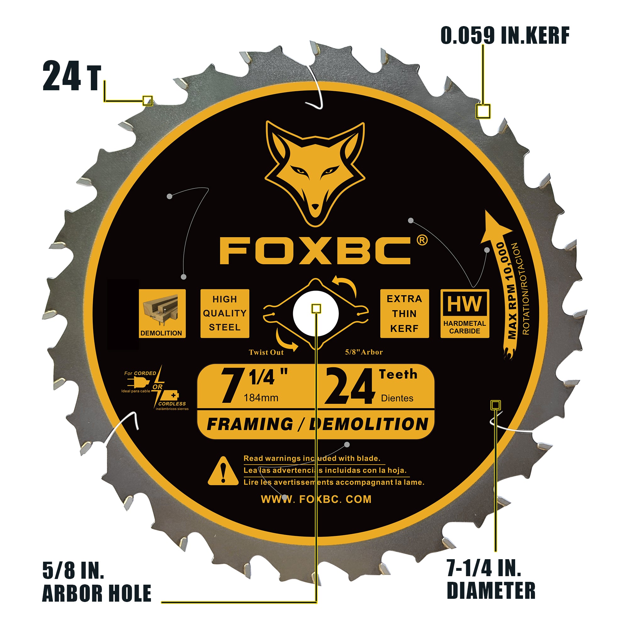 FOXBC 7-1/4 inch Circular Saw Blade 24T 60 Tooth ATB Wood Cutting with 5/8" Arbor, Diamond Knockout