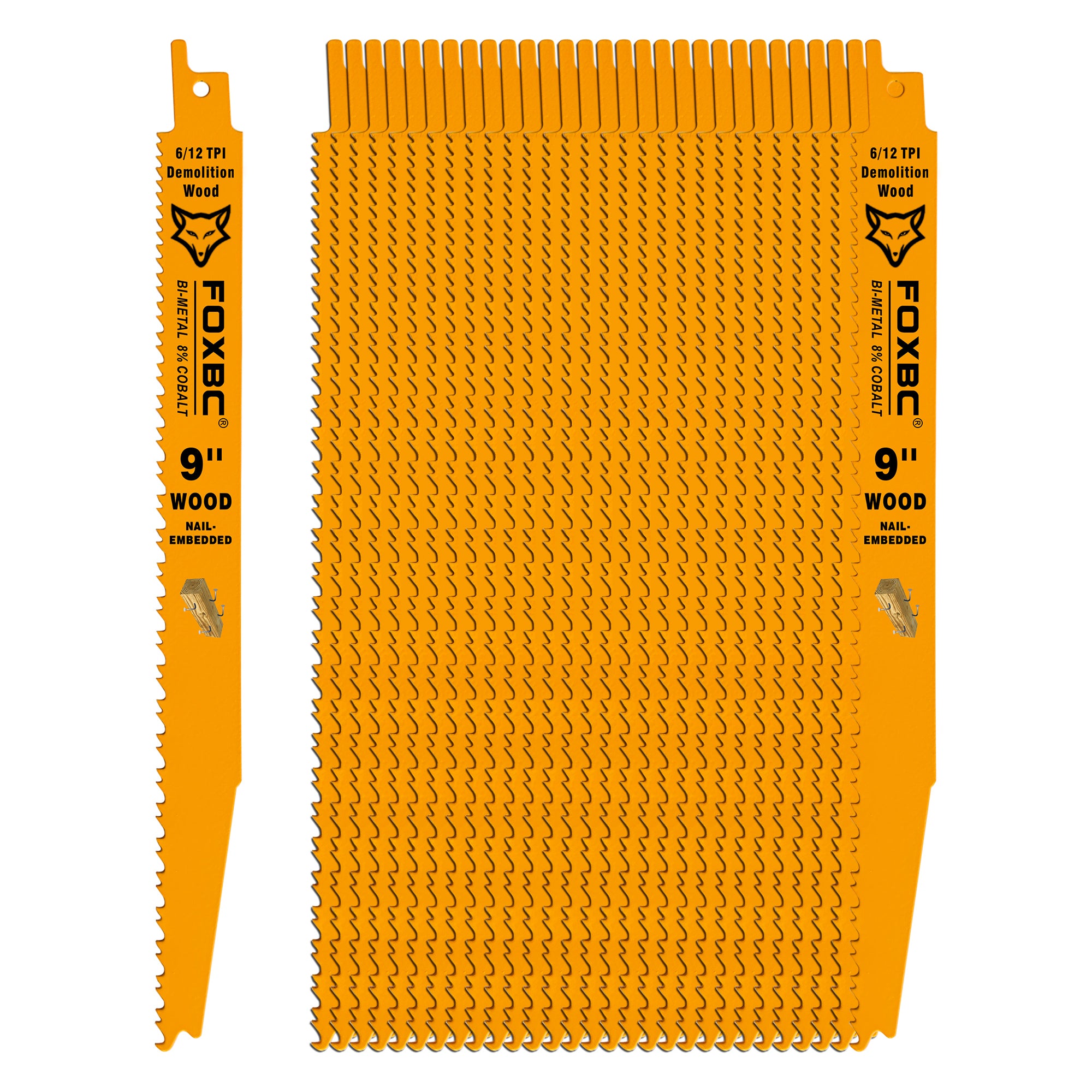 FOXBC 9 Inch 6/12 TPI Demolition Reciprocating Saw Blades for Nail-Embedded Wood, Bi-Metal, 25-Pack with Case