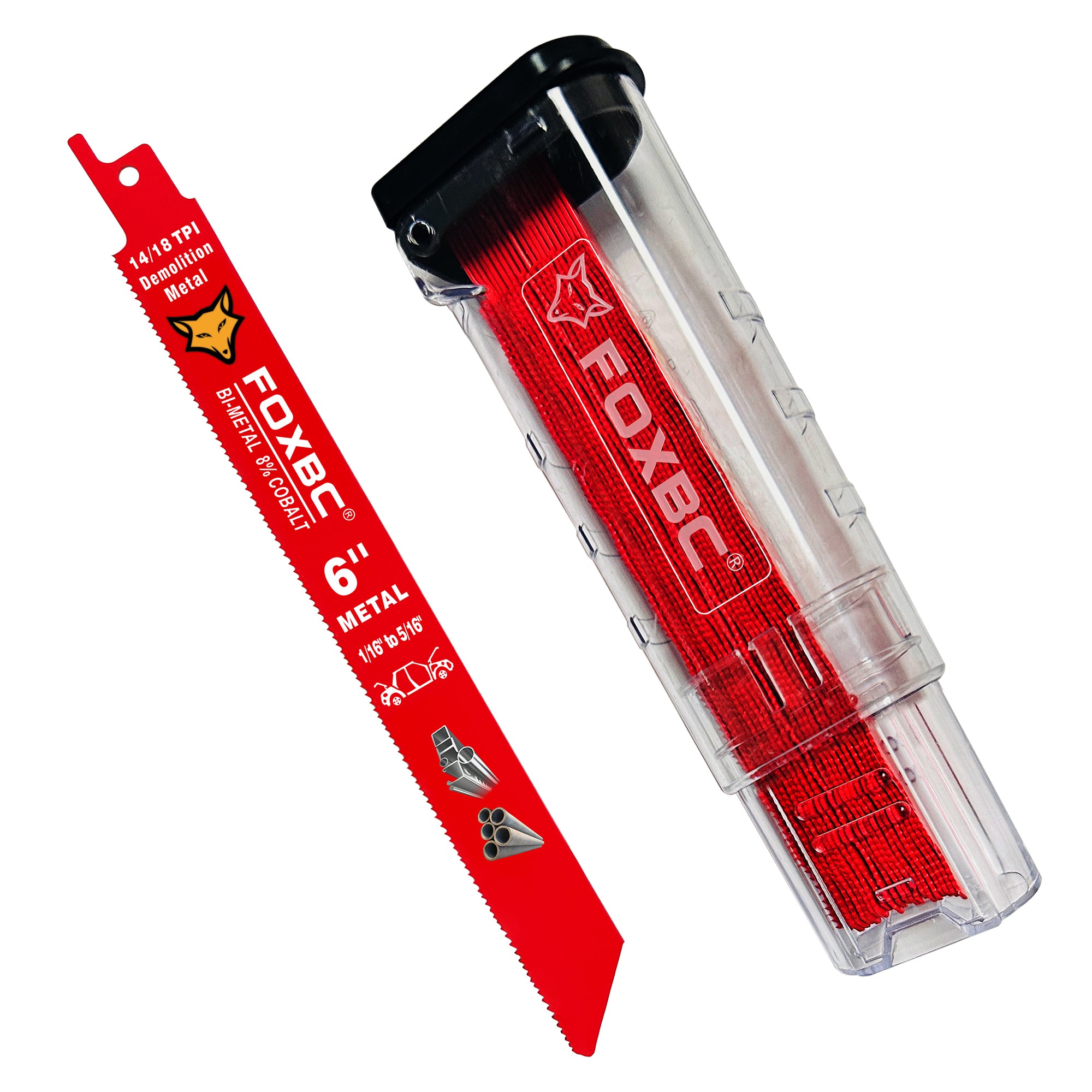 FOXBC 6 Inch 14/18 TPI Demolition Reciprocating Saw Blades for Auto Dismantling, 1/16-5/16 Medium Metals Cutting, Bi-Metal, 25-Pack