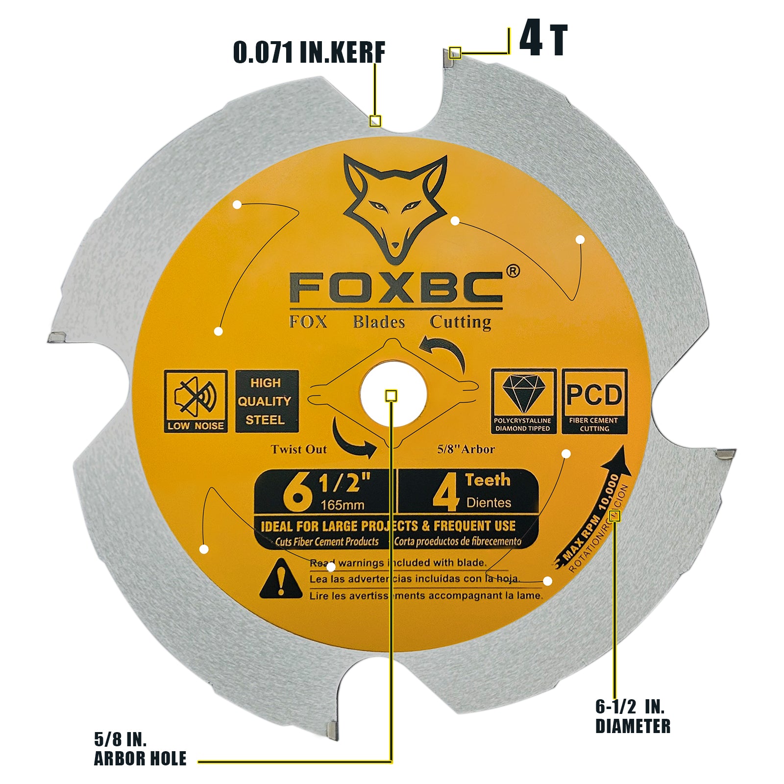 FOXBC 6-1/2 Zoll 4 Zähne polykristalliner Diamant (PCD) Hardie Fiber Cement Sägeblatt, 5/8 Dorn