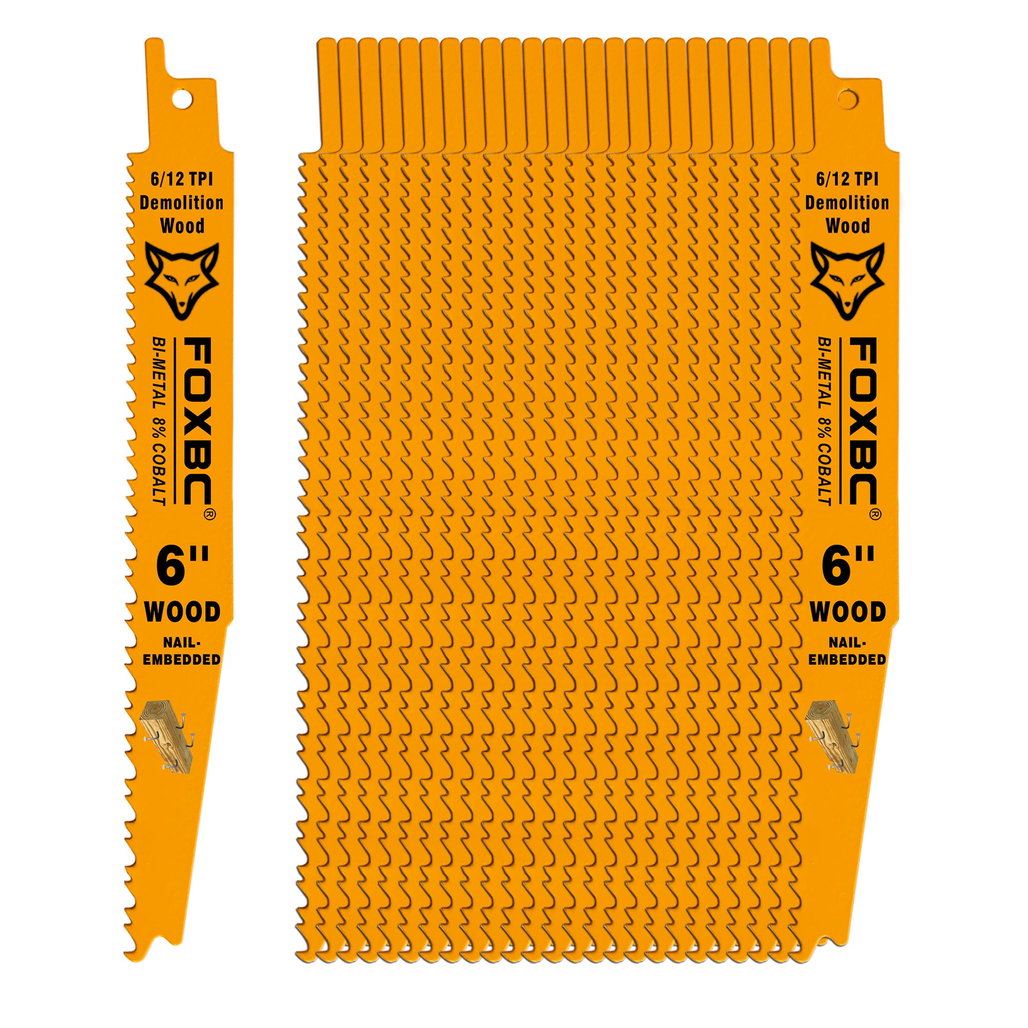 FOXBC 6 Inch 6/12 TPI Demolition Wood Reciprocating Saw Blades for Nail-Embedded, Bi-Metal, 25-Pack