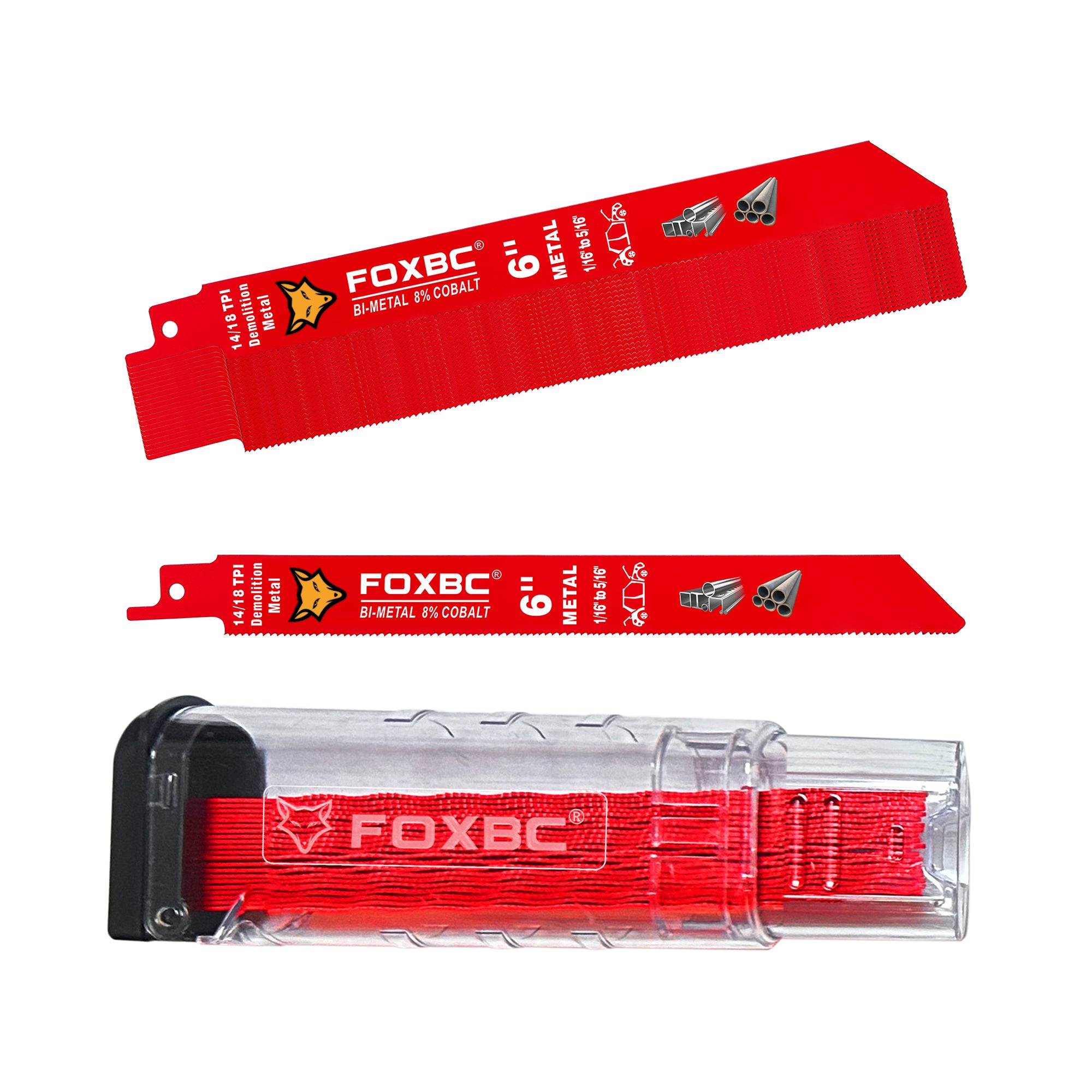 FOXBC 6 Inch 14/18 TPI Demolition Reciprocating Saw Blades for Auto Dismantling, 1/16-5/16 Medium Metals Cutting, Bi-Metal, 25-Pack