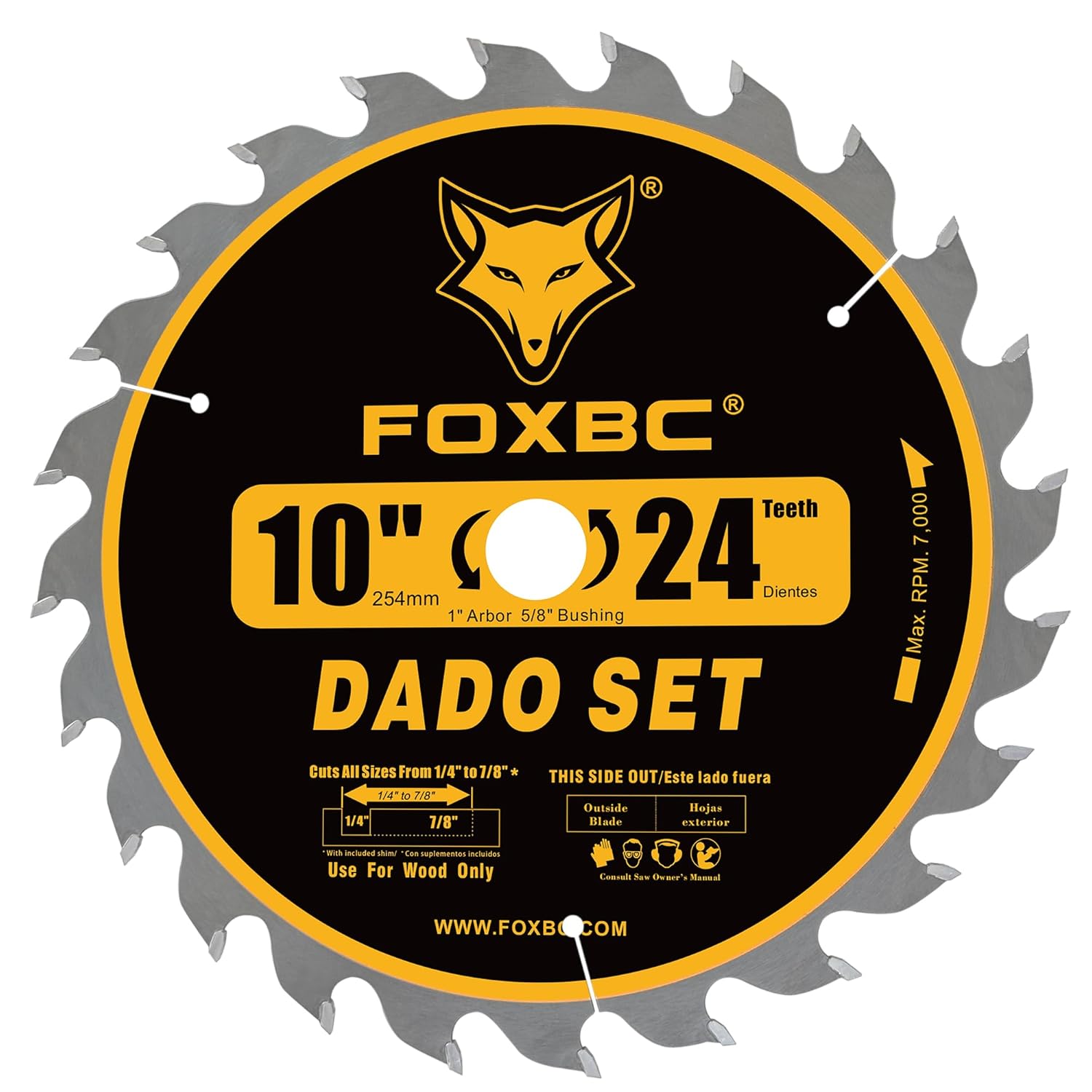 FOXBC 10" Stacking Dado Blade Set, ATB/FT, 1 inch Arbor with 5/8" Bushing, 27 Pieces