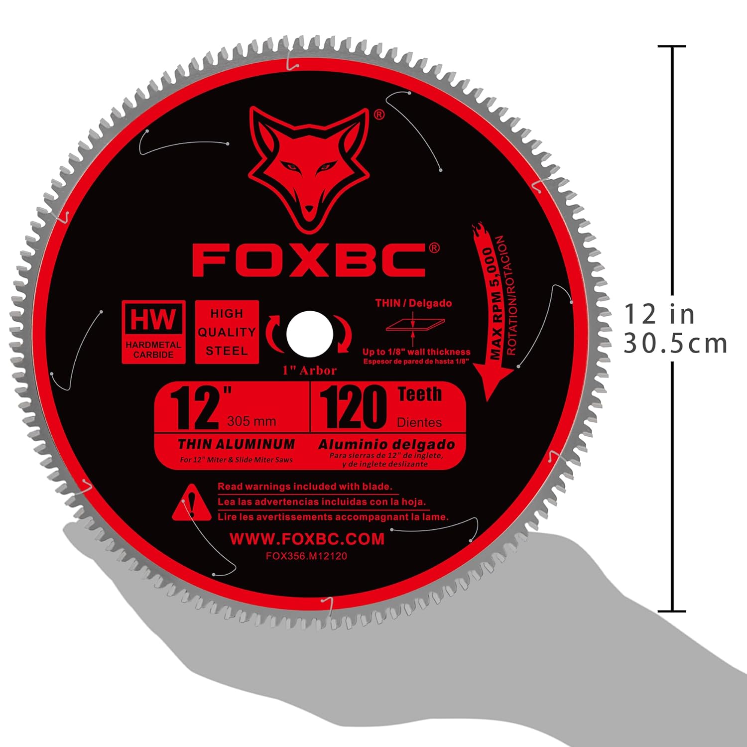 FOXBC 12 Inch Saw Blade for Aluminum Non-Ferrous Metal Cutting, 120T TCG Tooth with 1-Inch Arbor