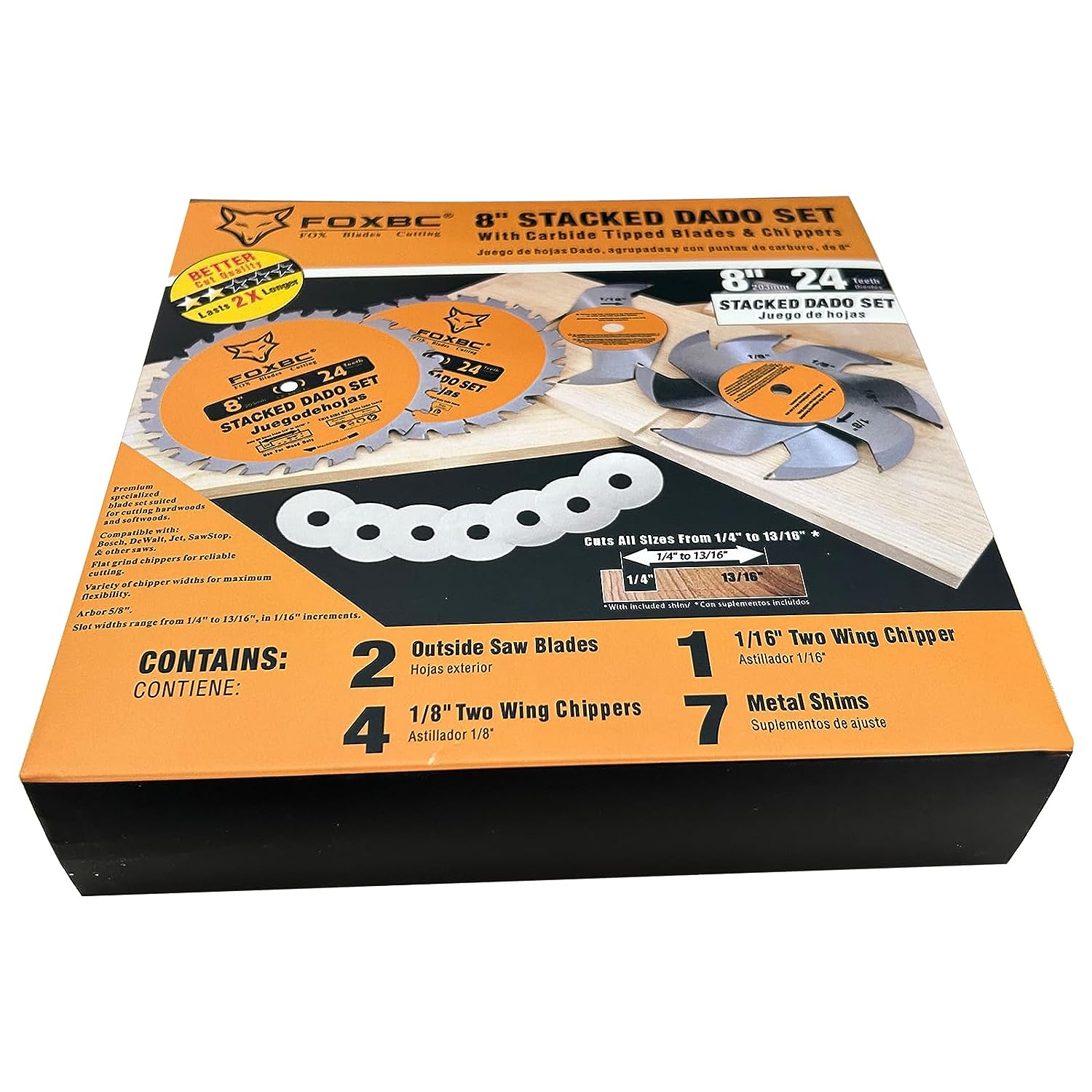 FOXBC 8-Zoll-Hartmetall-Stapel-Dado-Sägeblatt-Set für SawStop, Jet, Dewalt, Bosch Saw – 14-teilig