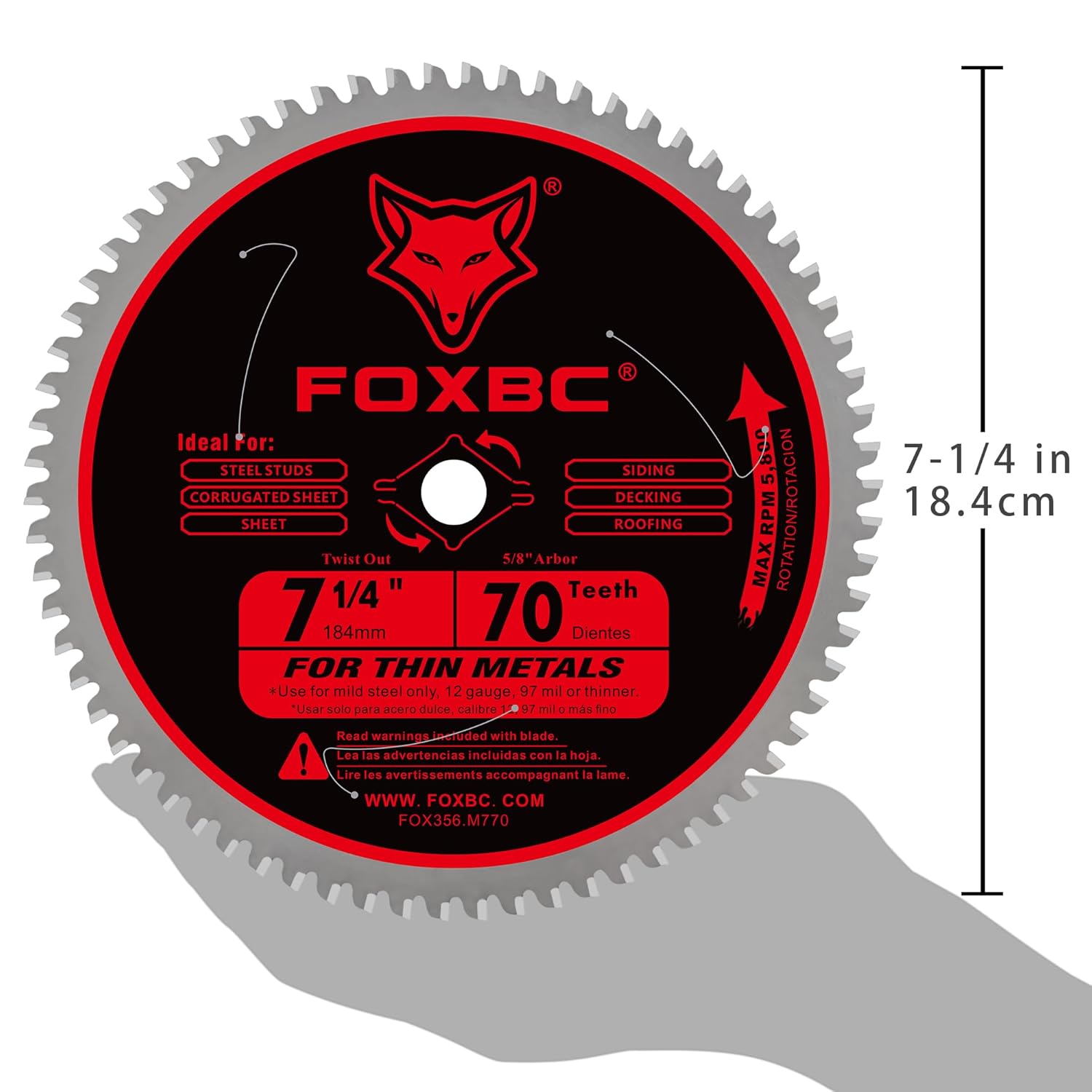 FOXBC 7-1/4 inch Circular Saw Blade Metal and Stainless Steel Cutting 70 Teeth
