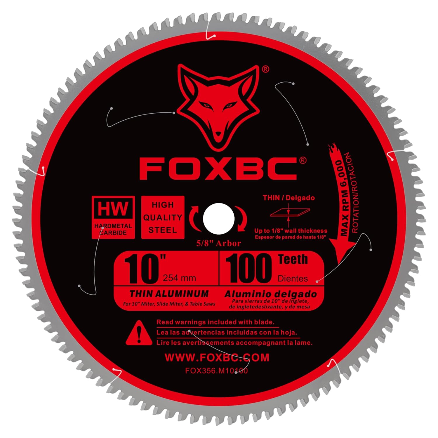 FOXBC 10-Inch Saw Blade 100-Tooth TCG for Aluminum and Non-Ferrous Metal Cutting with 5/8-Inch Arbor