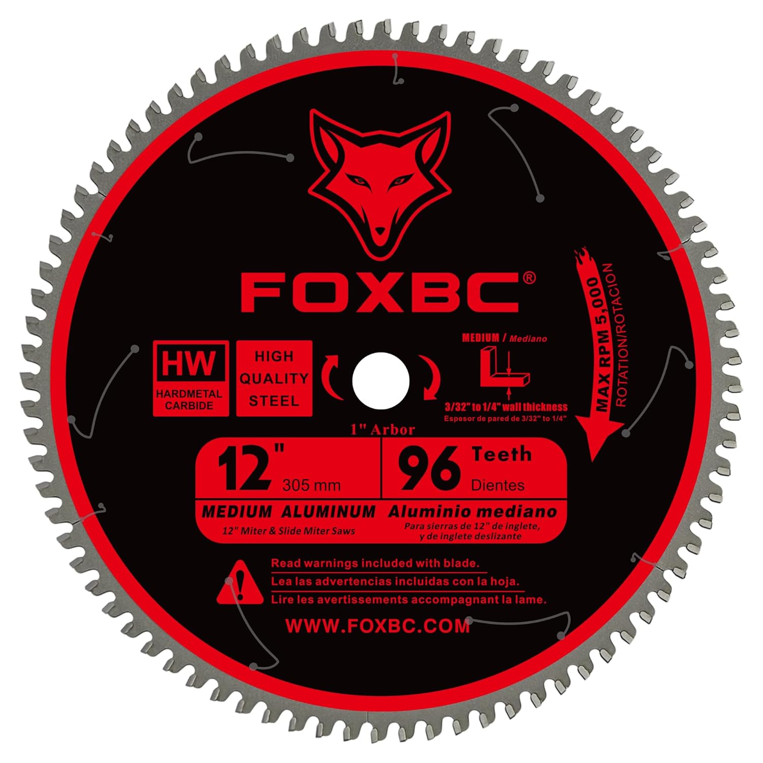 FOXBC 12 Inch Miter Aluminum Saw Blade 96-Tooth TCG for Non-Ferrous Metal & Plastic Cutting with 1-Inch Arbor