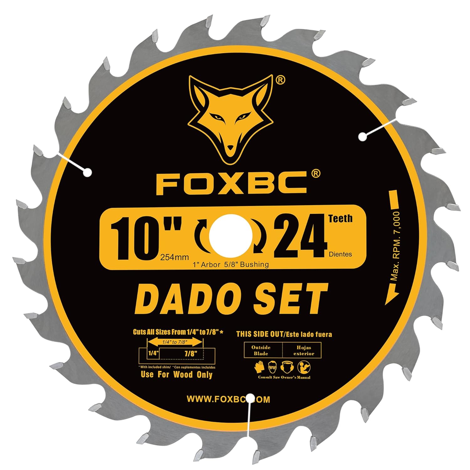 FOXBC 10" Stacking Dado Blade Set, ATB/FT, 1 inch Arbor with 5/8" Bushing, 27 Pieces