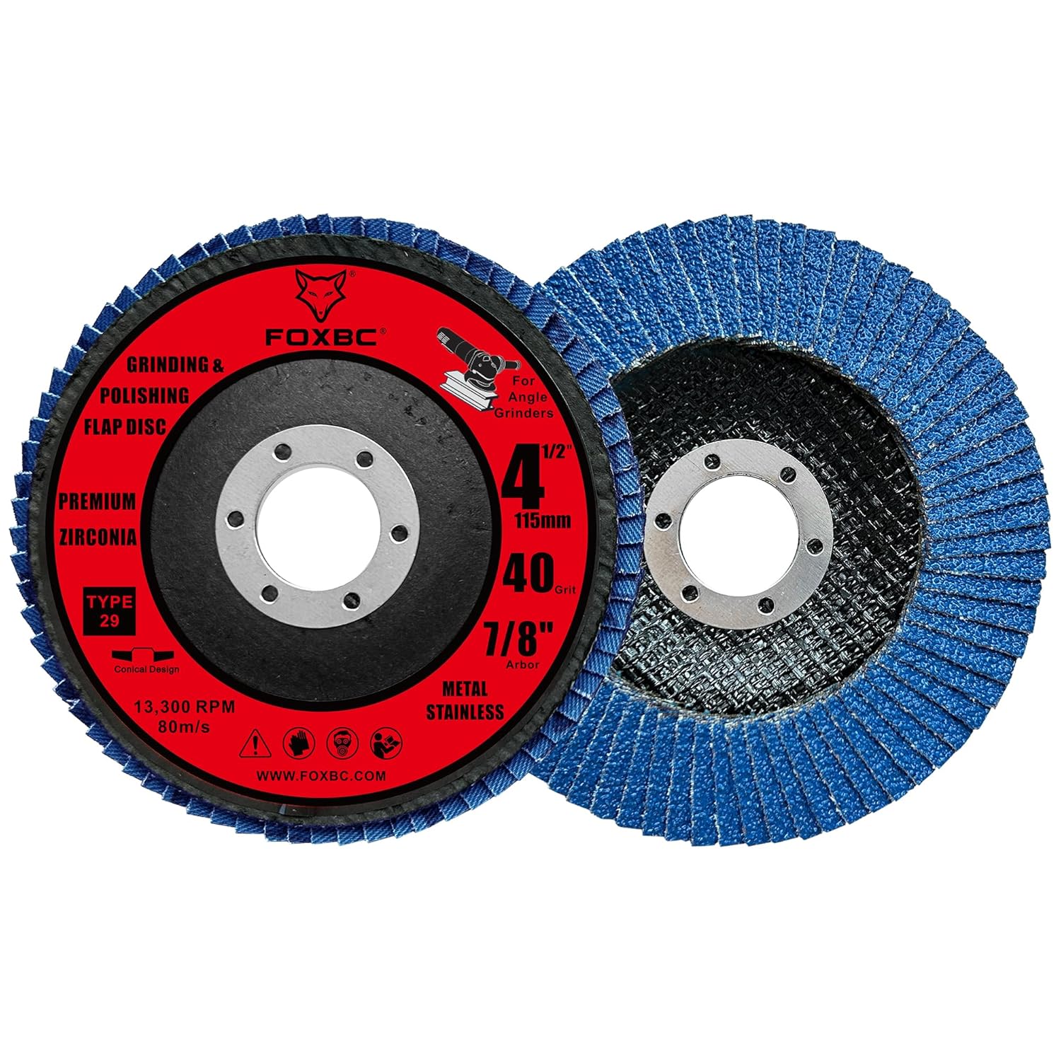 FOXBC 4-1/2 inch Flap Disc for Angle Grinder, 40 Grit, Type 29, Premium Zirconium Grinding and Polishing for Metal, 10 Pack