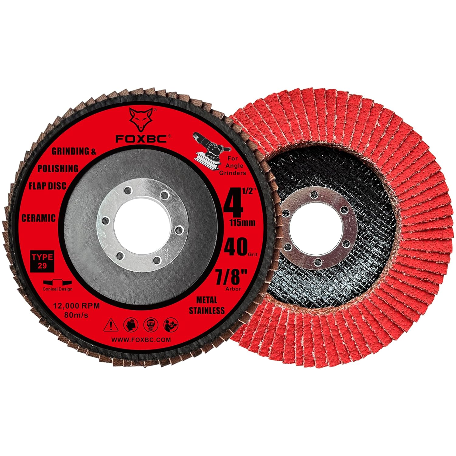 FOXBC 4-1/2 inch Flap Disc for Angle Grinder, 40 Grit, Type 29, Ceramic Grinding and Polishing for Metal, 10 Pack