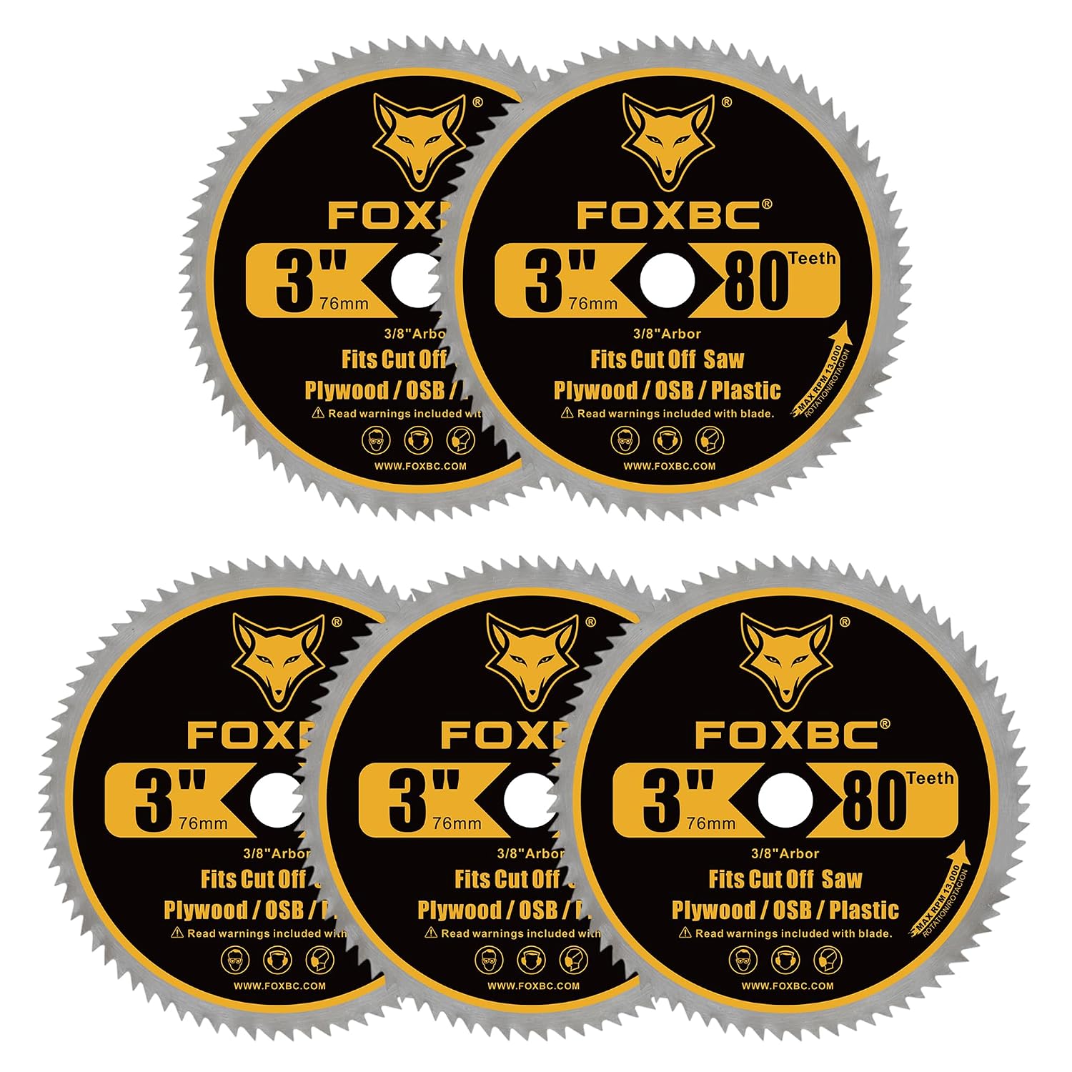 FOXBC 3 Inch 80T Circular Saw Blade Cutting for Plywood, OSB, Veneer, Plastic with 3/8" Arbor - 5 Pack