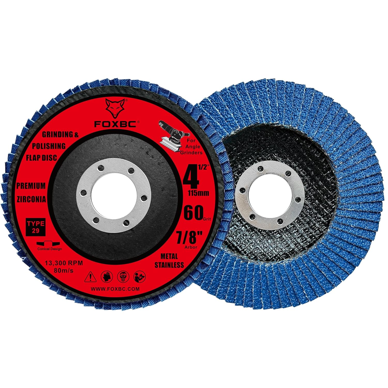 FOXBC 4-1/2 inch Flap Disc for Angle Grinder, 60 Grit, Type 29, Premium Zirconium Grinding and Polishing for Metal, 10 Pack