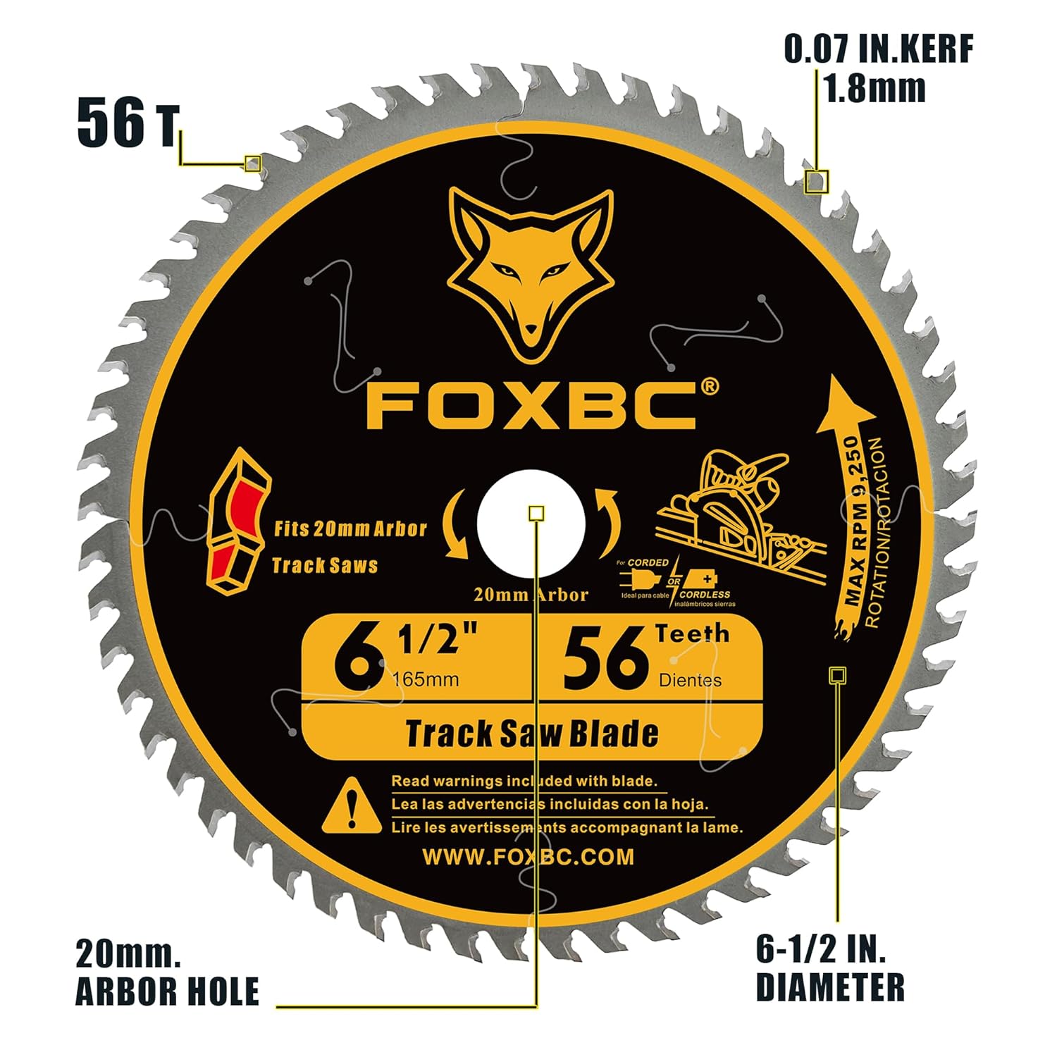 FOXBC 6-1/2 Inch Track Saw Blade 20mm Arbor 56T for Makita Plunge Saw Blade, DeWalt Track Saw, Wood Cutting, 165mm, Kerf 1.8mm