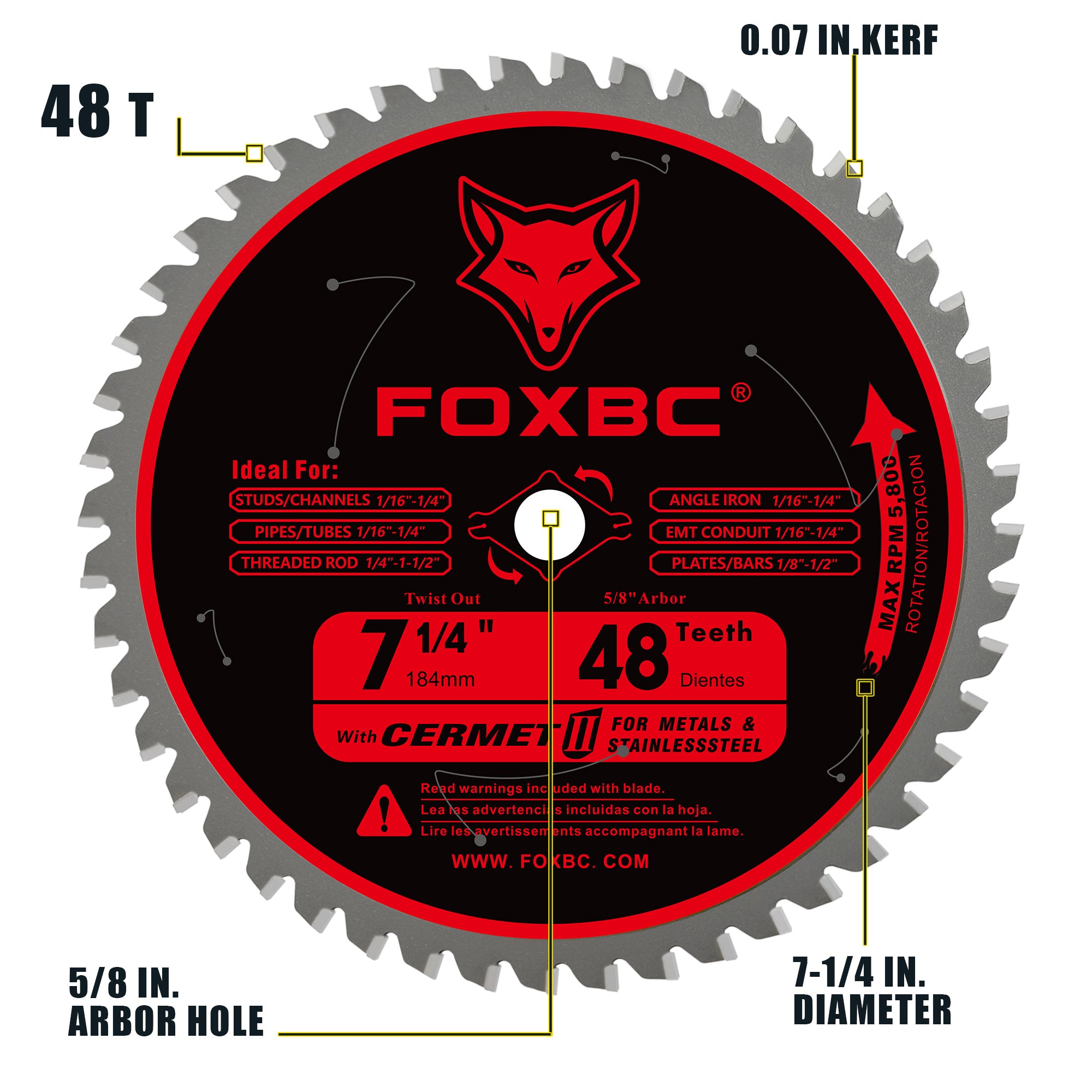 FOXBC 7-1/4 Zoll 48 Zähne Kreissägeblatt zum Schneiden von Metall und Edelstahl, Ersatz für Diablo D0748CF Keramikkarbid-Sägeblatt