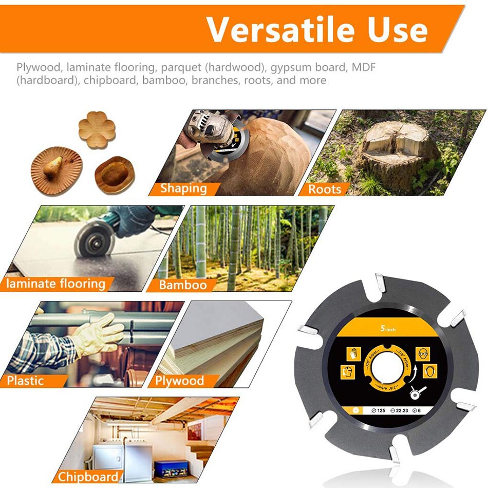 6 Teeth 5 inch Angle Grinder Wood Cutting Wheel Saw Blade Carbide Shaping Disc for Wood Carving Sculpting Shaping Cutting