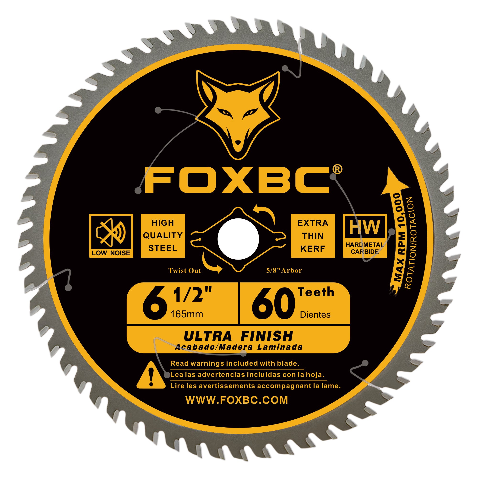 FOXBC 6-1/2 Zoll Kreissägeblatt, ultrafeines Finish, 60 Zähne zum Holzschneiden, dünne Schnittfuge mit 5/8 Zoll Aufnahme