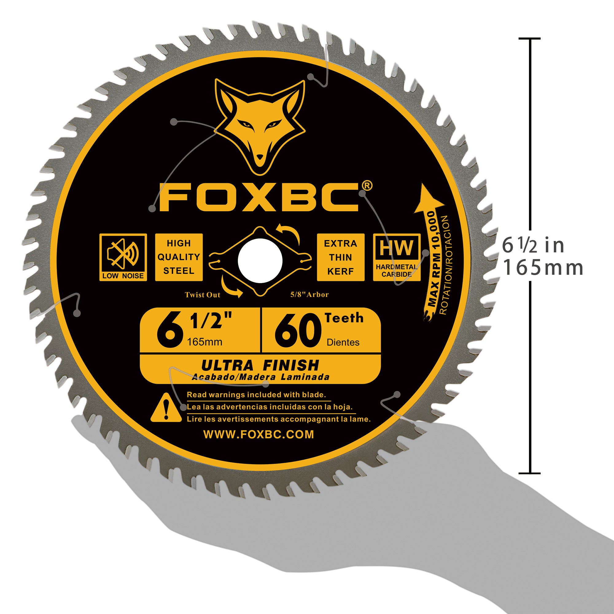 FOXBC 6-1/2 Zoll Kreissägeblatt, ultrafeines Finish, 60 Zähne zum Holzschneiden, dünne Schnittfuge mit 5/8 Zoll Aufnahme