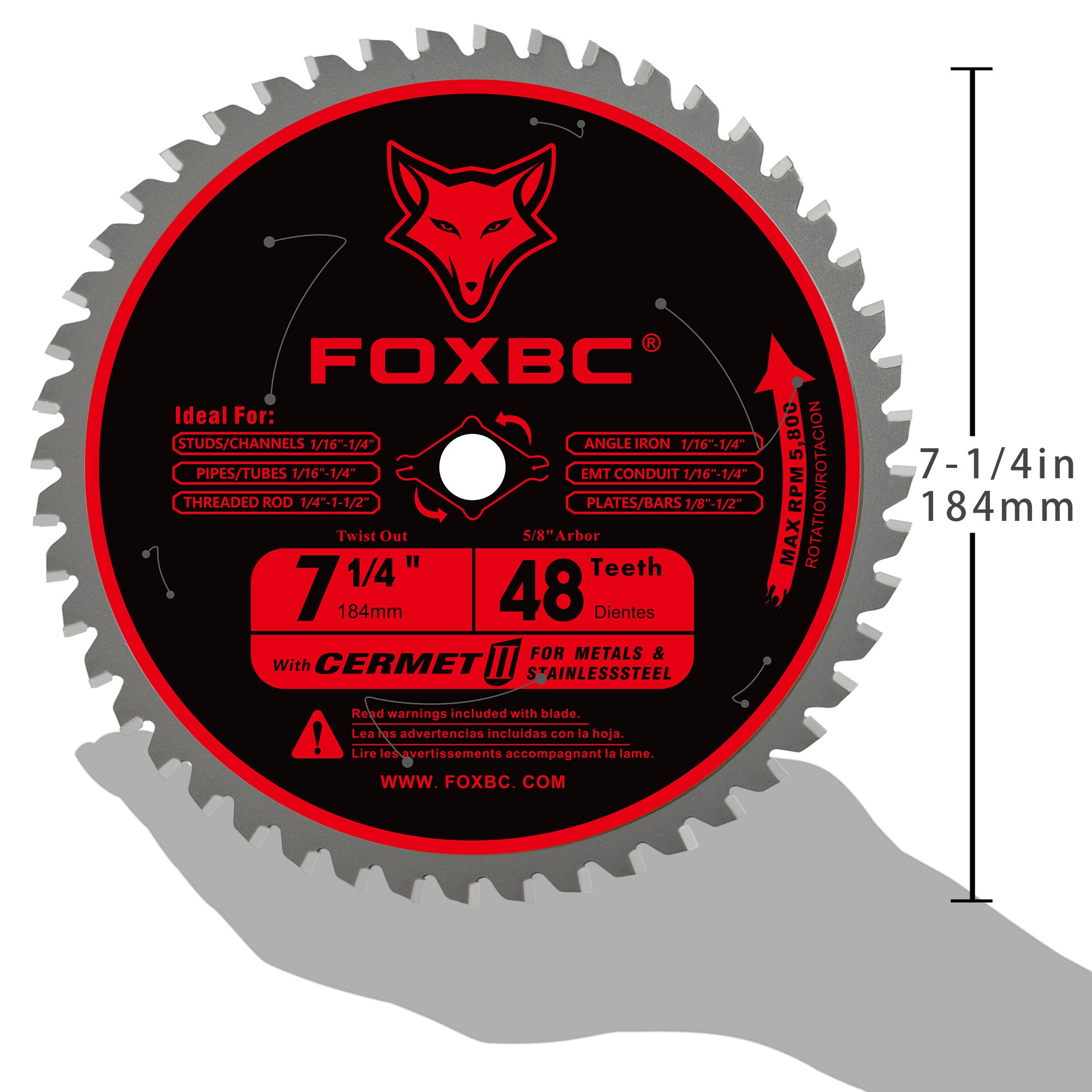 FOXBC 7-1/4 Zoll 48 Zähne Kreissägeblatt zum Schneiden von Metall und Edelstahl, Ersatz für Diablo D0748CF Keramikkarbid-Sägeblatt