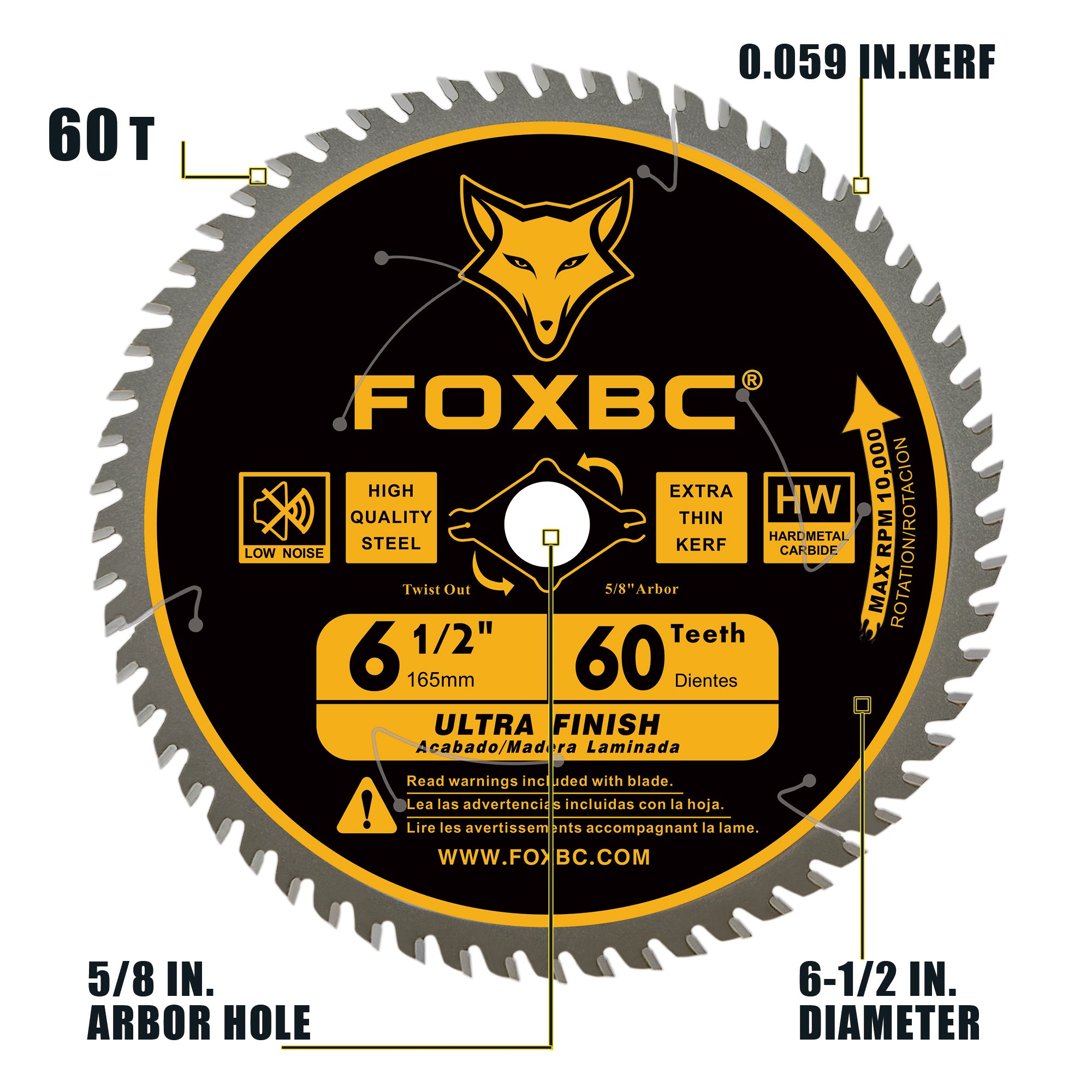 FOXBC 6-1/2 Zoll Kreissägeblatt, ultrafeines Finish, 60 Zähne zum Holzschneiden, dünne Schnittfuge mit 5/8 Zoll Aufnahme