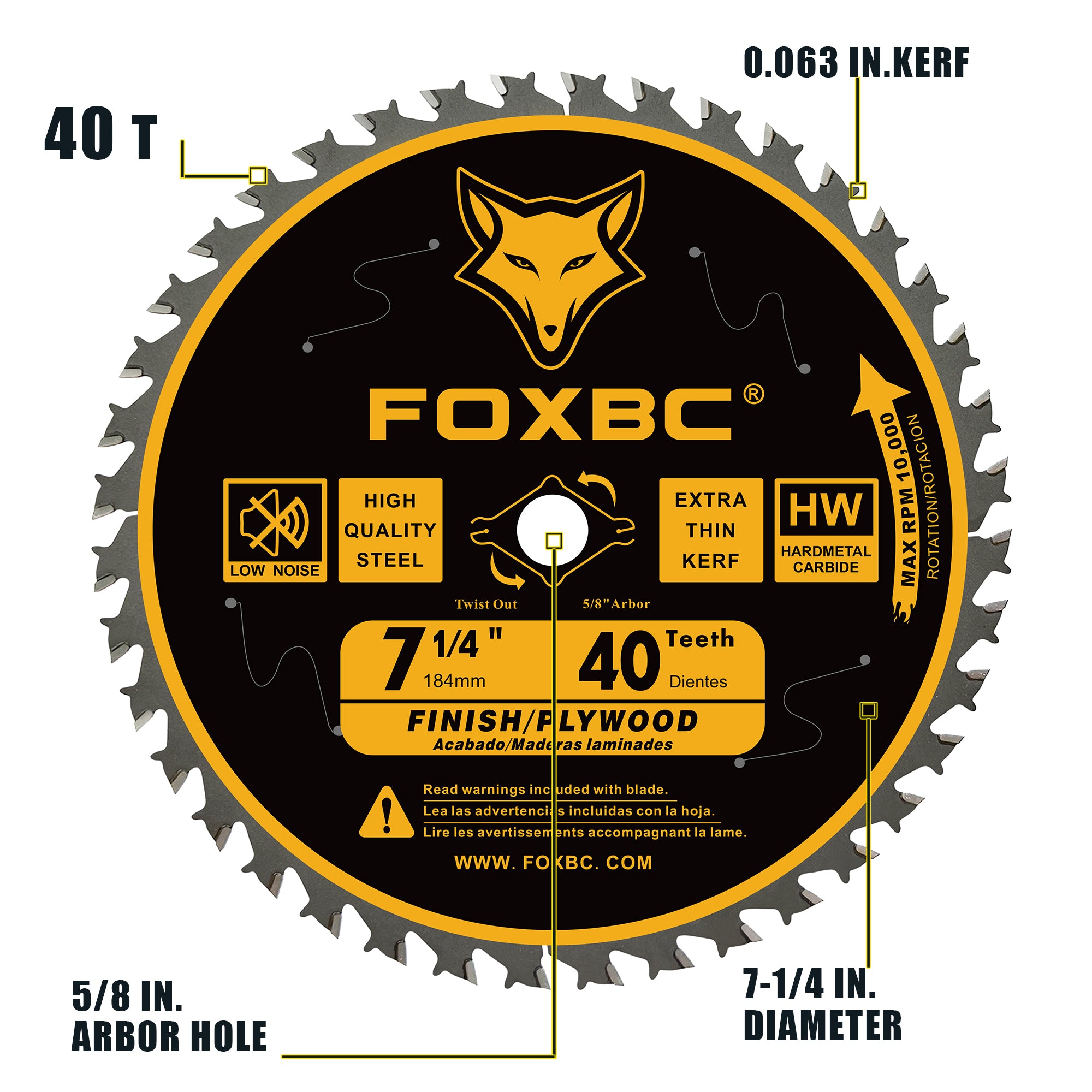 FOXBC 7-1/4" Kreissägeblatt 40 Zähne, Finishing-Sägeblatt mit 5/8" Aufnahme, Diamant-Ausbrechung