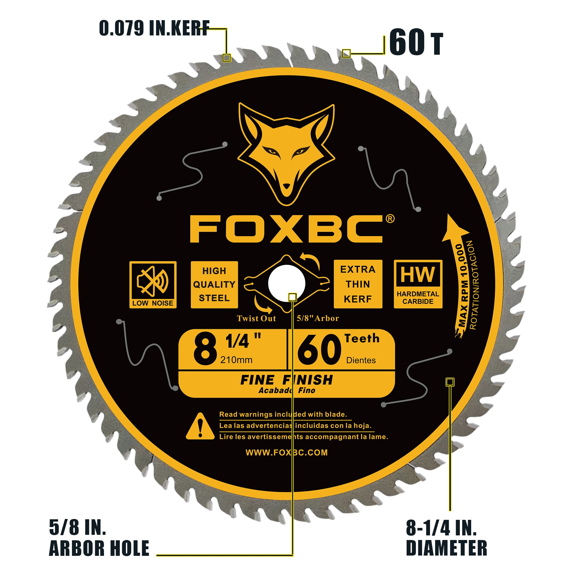 FOXBC 8-1/4 Inch Table Saw Blade 24 Tooth, 60 Tooth Wood Cutting with 5/8" Arbor, Diamond Knockout