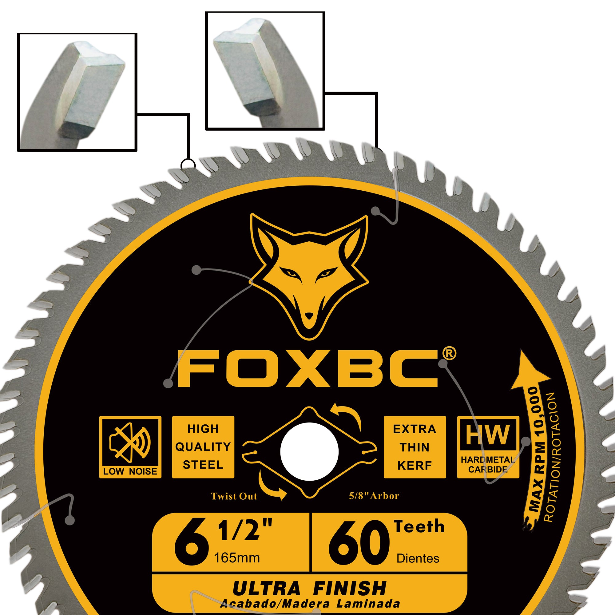 FOXBC 6-1/2 Zoll Kreissägeblatt, ultrafeines Finish, 60 Zähne zum Holzschneiden, dünne Schnittfuge mit 5/8 Zoll Aufnahme