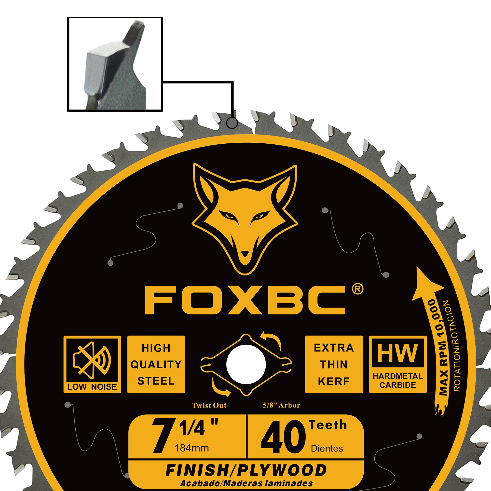 FOXBC 7-1/4" Kreissägeblatt 40 Zähne, Finishing-Sägeblatt mit 5/8" Aufnahme, Diamant-Ausbrechung