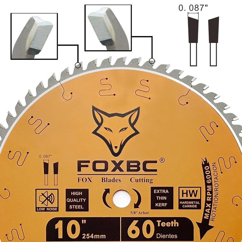 FOXBC 10-Zoll-Gehrungs-/Tischkreissägeblätter mit 60 Zähnen, dünner Schnittfuge und feinem Querschnitt