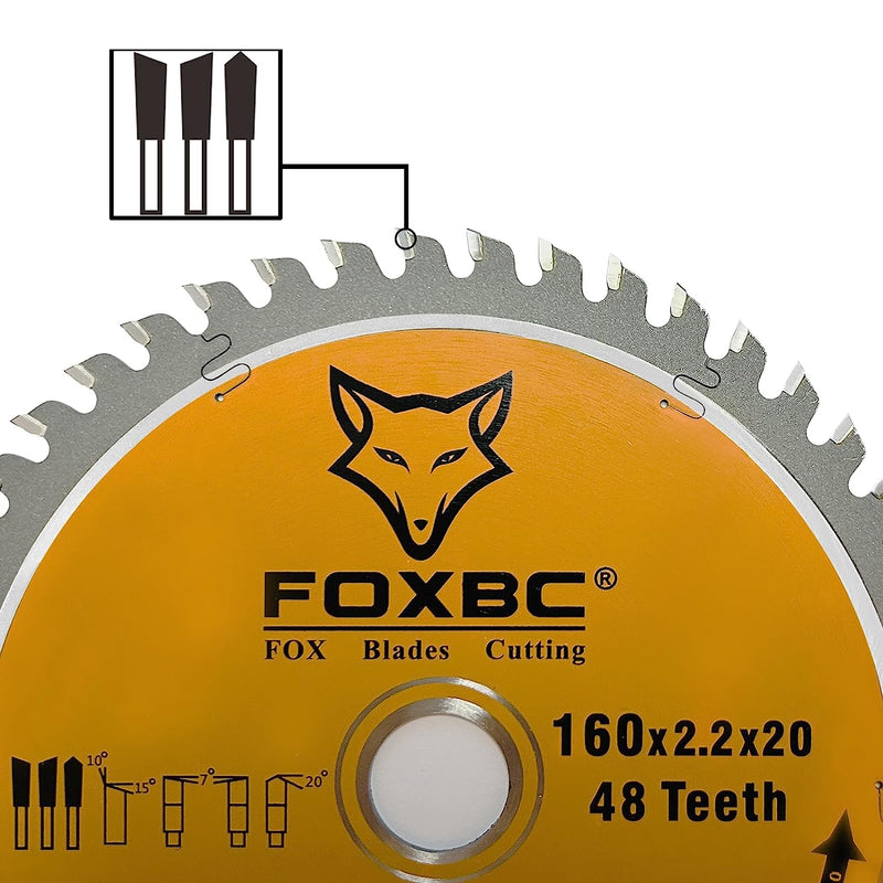 FOXBC 495377 Kettensägeblatt 160 x 2,2 x 20 mm, 48 Zähne, Holz, Feinschnitt, für Festool TS 55, TSC 55, ATF 55, AP 55, DeWalt DWS520K und Makita SP6000J