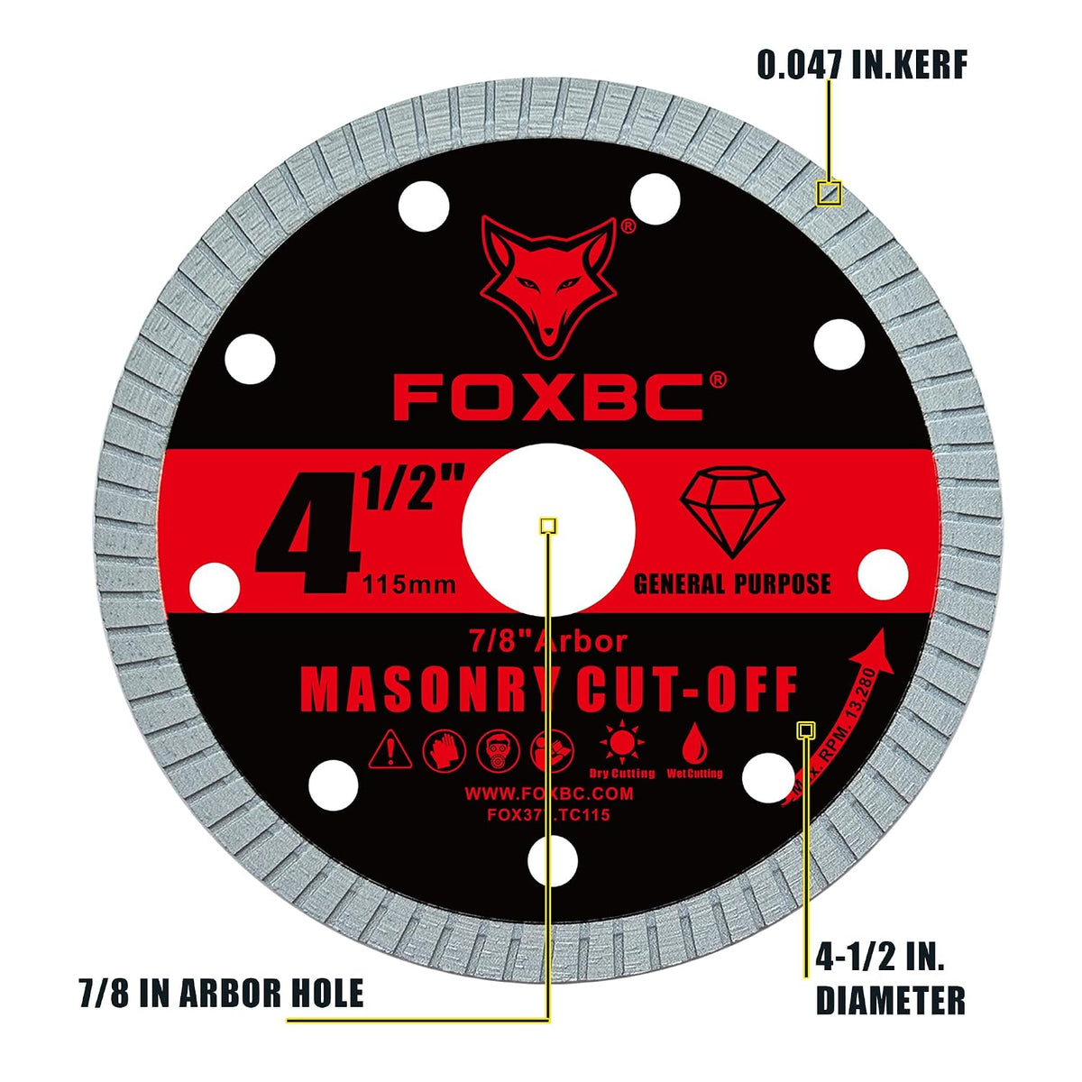 FOXBC 4-1/2 Inch Diamond Turbo Masonry & Concrete Cut-Off Disc for Angle Grinder, 7/8-Inch Arbor - 3 Pack