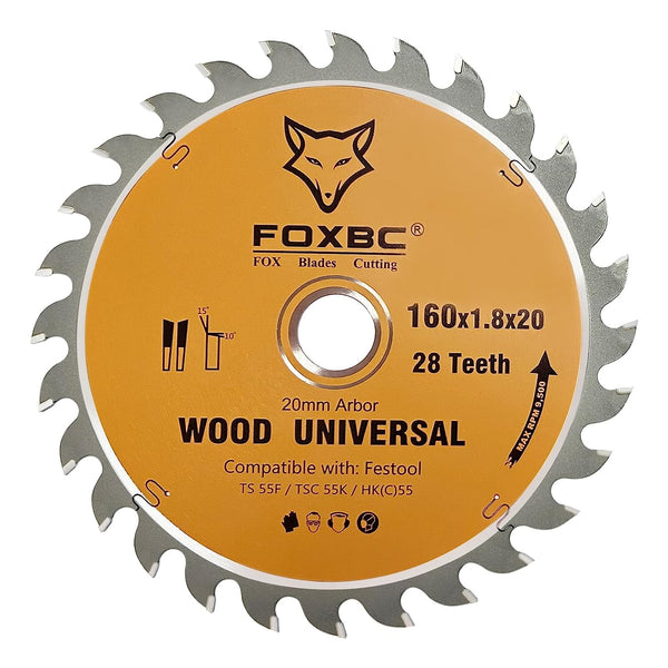 FOXBC 205560 Kettensägenblatt 28 Zähne 160 x 1,8 x 20 mm für Festool TS 55 F, TSC 55 K, HK 55 und HKC 55, Wood Universal