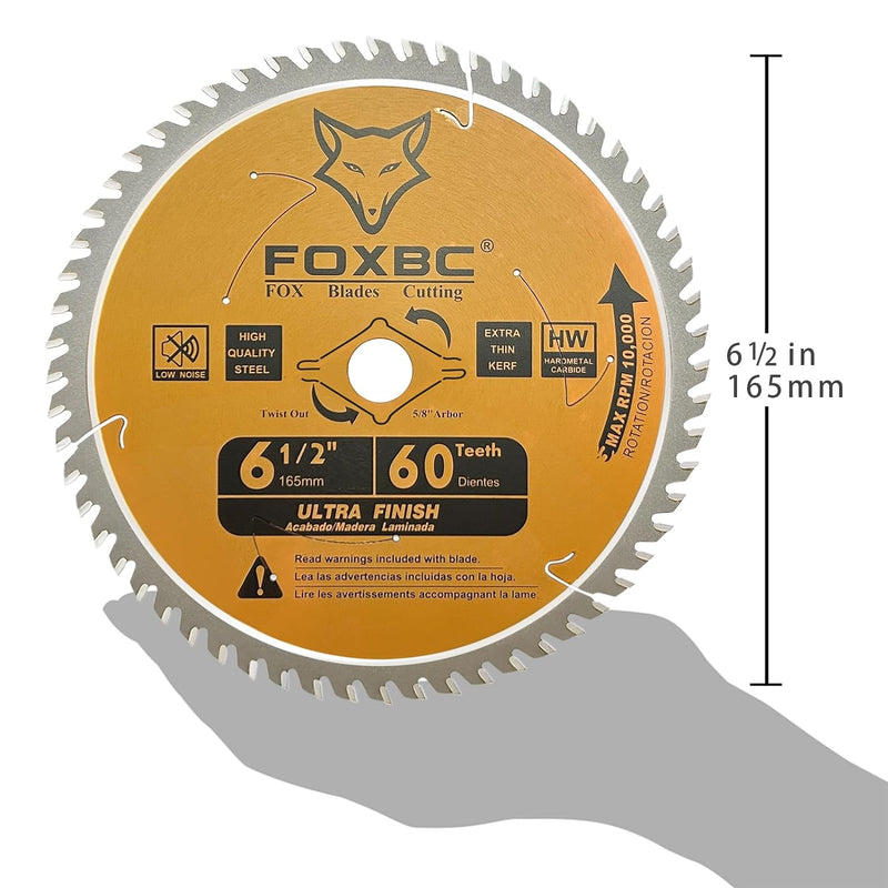 FOXBC 6-1/2 Zoll Kreissägeblatt, ultrafeines Finish, 60 Zähne zum Holzschneiden, dünne Schnittfuge mit 5/8 Zoll Aufnahme