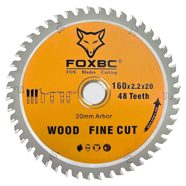 FOXBC 495377 Kettensägeblatt 160 x 2,2 x 20 mm, 48 Zähne, Holz, Feinschnitt, für Festool TS 55, TSC 55, ATF 55, AP 55, DeWalt DWS520K und Makita SP6000J