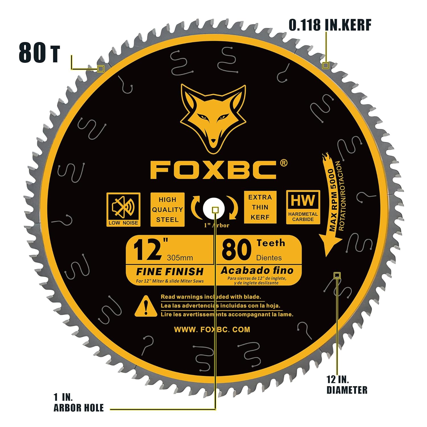 FOXBC 12-Zoll-Gehrungssägeblatt, Querschnitt, Wolframkarbid, 80 Zähne