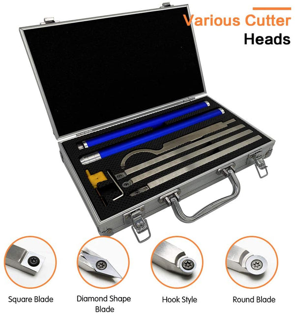 Wood Turning Tools Set Carbide Tipped Lathe Rougher Finisher Swan Neck Hollowing Tools and Interchangeable Aluminum Alloy Grip Handle with Diamond Round Square Carbide Inserts
