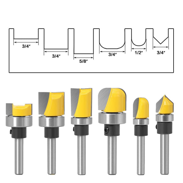 6PC 1/4" 6mm Schaft Muster Bit Flush Trim Bit Gerade Bit mit Lager Scharnier Stemmen Router Bit Holz trimmer Cutter C06 C07