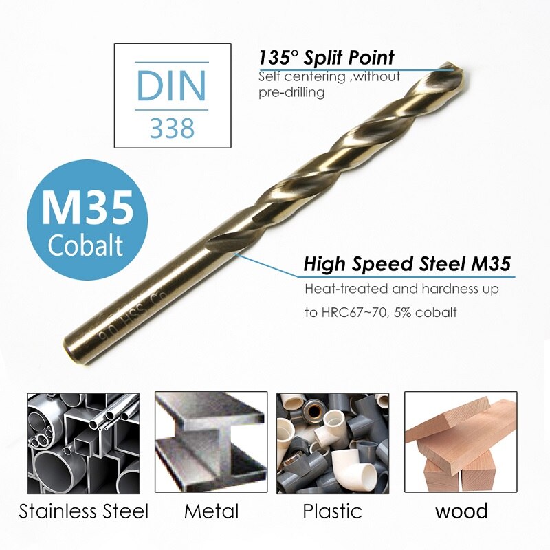 19pcs Titanium Coated 1~10mm HSS & M35 Cobalt Drill Bit Set for Metal Stainless Steel Electric Drill Tools Accessories