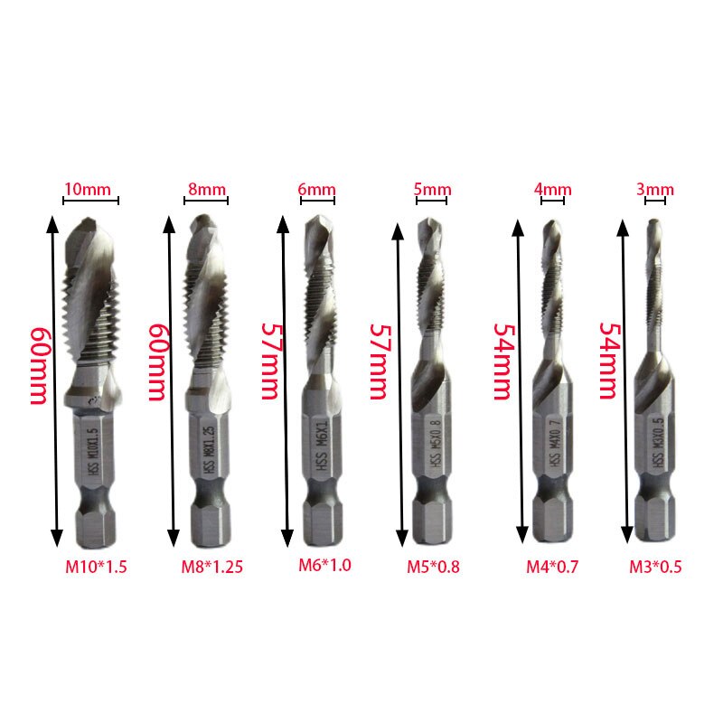 6Pcs Titanium Plated HSS Screw Drill Thread Metric Tap Drill Bits M3 M4 M5 M6 M8 M10 Hex Shank Screw Machine tap Tool