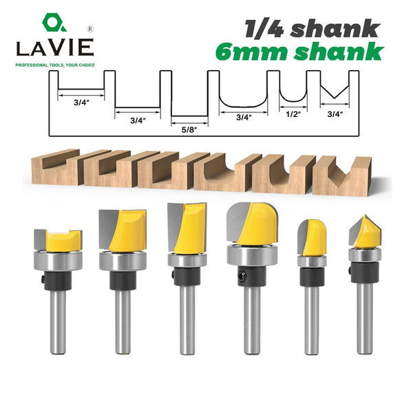 6PC 1/4" 6mm Schaft Muster Bit Flush Trim Bit Gerade Bit mit Lager Scharnier Stemmen Router Bit