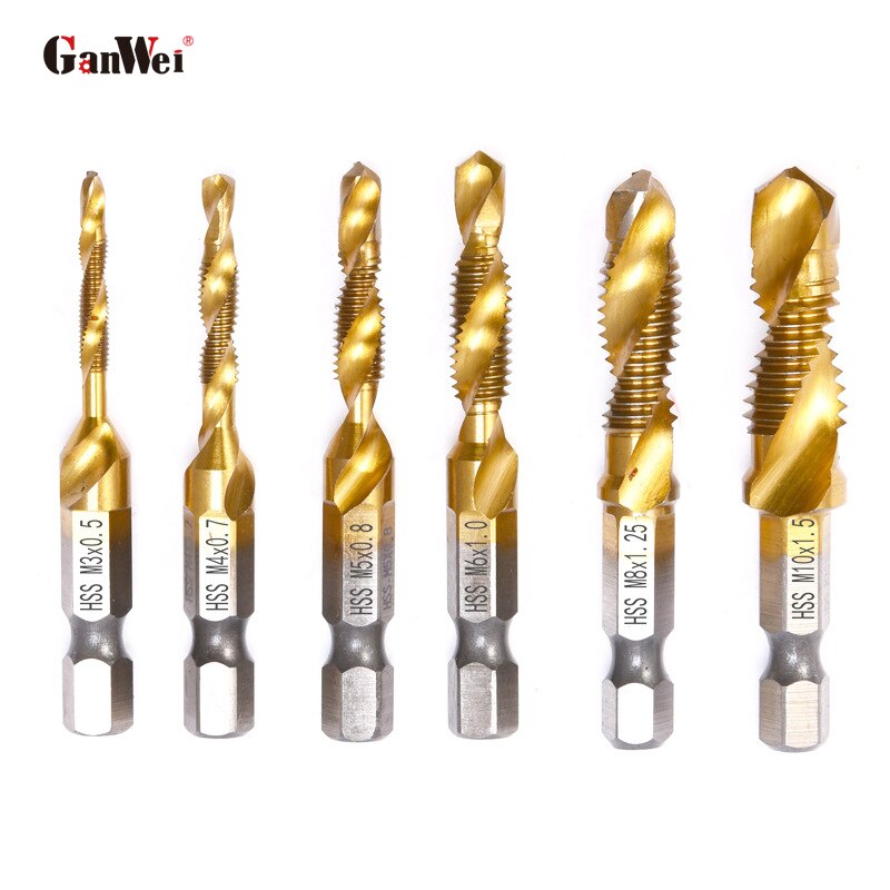 6Pcs Titanium Plated HSS Screw Drill Thread Metric Tap Drill Bits M3 M4 M5 M6 M8 M10 Hex Shank Screw Machine tap Tool