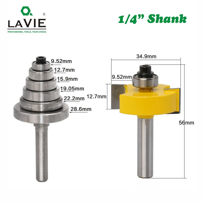 2PCS 1/4 Shank Rabbet Router Bit with 6 Bearings Set Adjustable Tenon Cutter Cemented Carbide Woodworking Bits