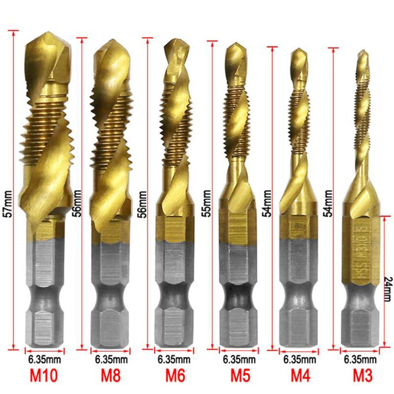 6Pcs Titanium Plated HSS Screw Drill Thread Metric Tap Drill Bits M3 M4 M5 M6 M8 M10 Hex Shank Screw Machine tap Tool
