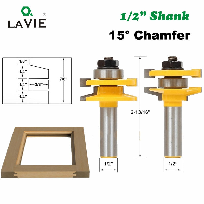 2pcs 12mm 1/2" Shank Rail & Stile Tenon Router Set Door Bevel Woodworking Tenon Milling Cutter for Wood Tools